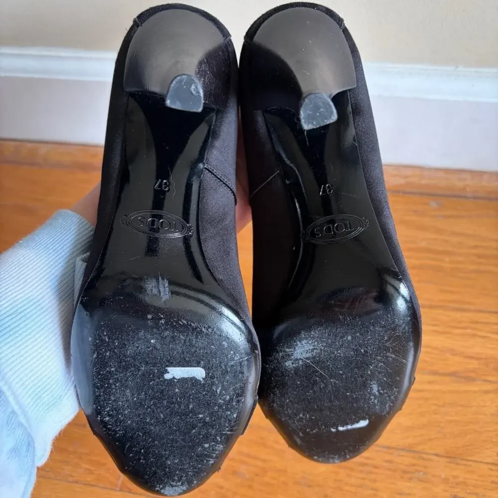 Tod’s | Leather Peep Toe Pumps Heels Mirror Detail Formal Classic Black Size 6.5